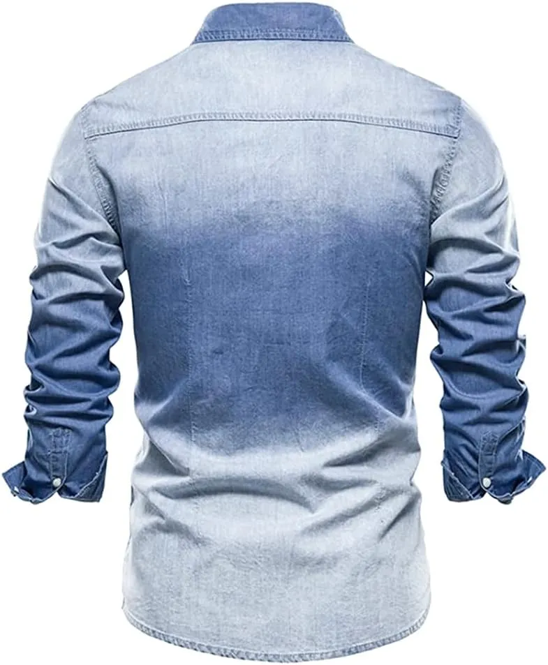 LONGBIDA Mens Denim Shirt Button Down Long Sleeve Casual Slim Fit Shirts