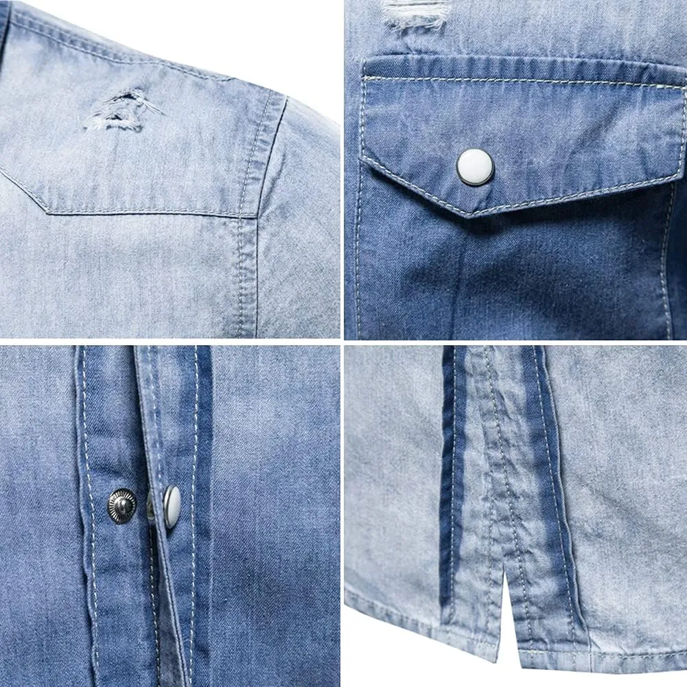 LONGBIDA Mens Denim Shirt Button Down Long Sleeve Casual Slim Fit Shirts