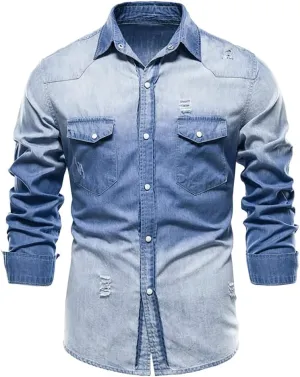 LONGBIDA Mens Denim Shirt Button Down Long Sleeve Casual Slim Fit Shirts