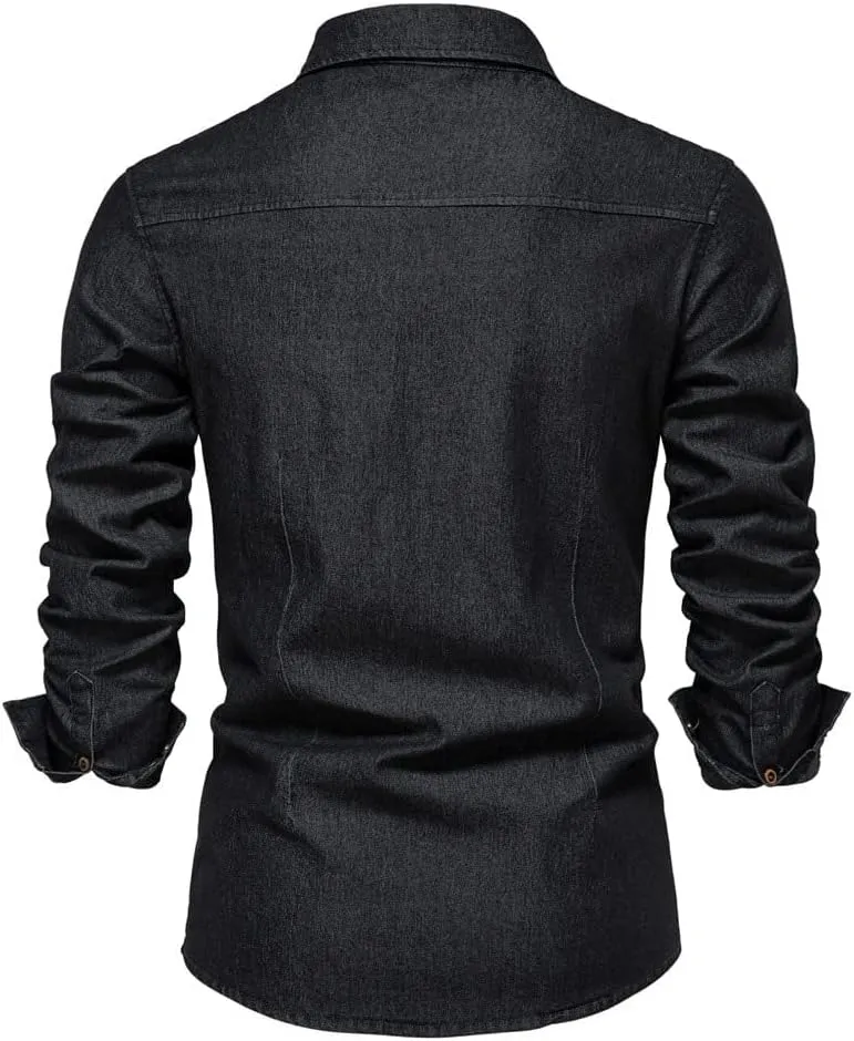 LONGBIDA Mens Denim Shirt Button Down Long Sleeve Casual Slim Fit Shirts
