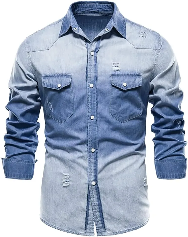 LONGBIDA Mens Denim Shirt Button Down Long Sleeve Casual Slim Fit Shirts