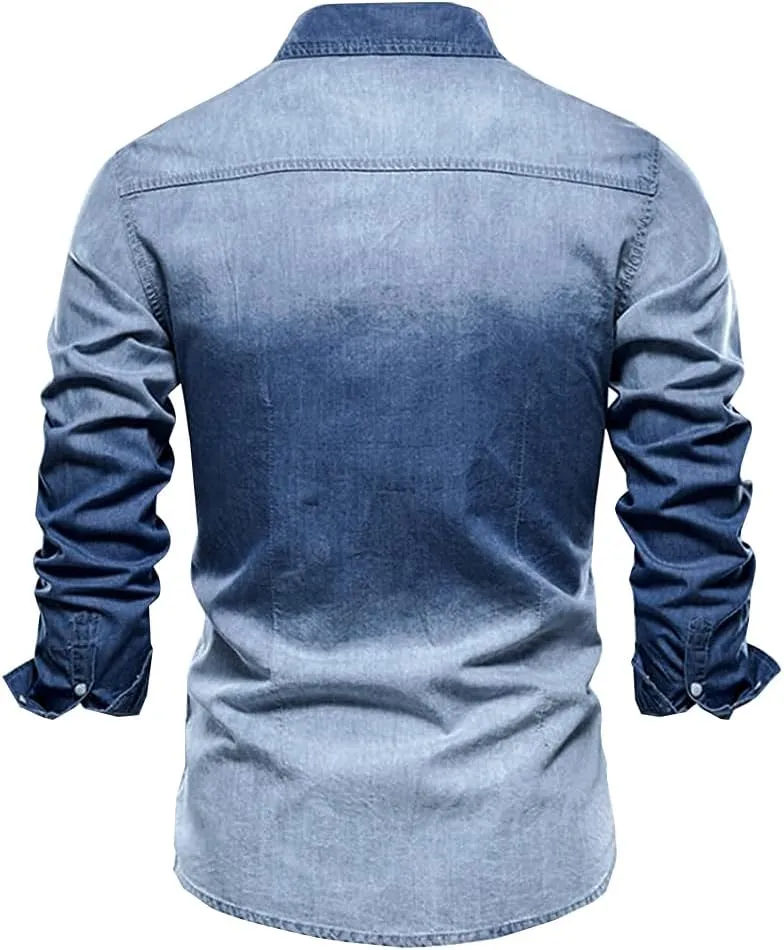 LONGBIDA Mens Denim Shirt Button Down Long Sleeve Casual Slim Fit Shirts
