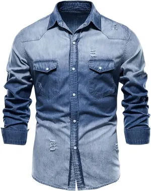 LONGBIDA Mens Denim Shirt Button Down Long Sleeve Casual Slim Fit Shirts