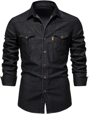 LONGBIDA Mens Denim Shirt Button Down Long Sleeve Casual Slim Fit Shirts