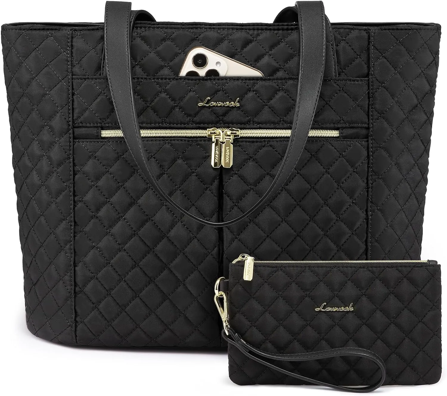 LOVEVOOK Laptop Bag for Women 15.6 inch,Diamond Quilted Work Tote Bags Womens Laptop Tote Computer Shoulder Bags,Stylish Travel Tote Bags Laptop Purse Case Briefcase Handbag with Clutch Bag,Black