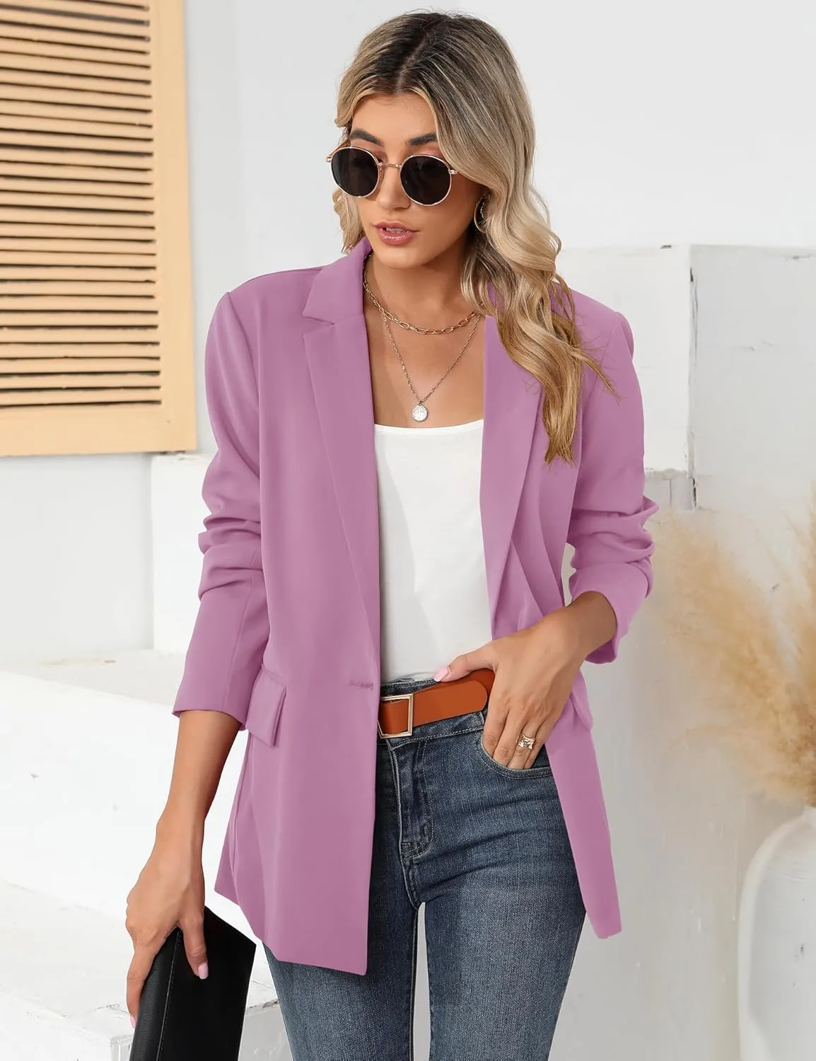 LUYAA Womens Oversized Blazer Jacket Casual Work Office Open Front Suit Jacket with Linning and Shoulder Pads