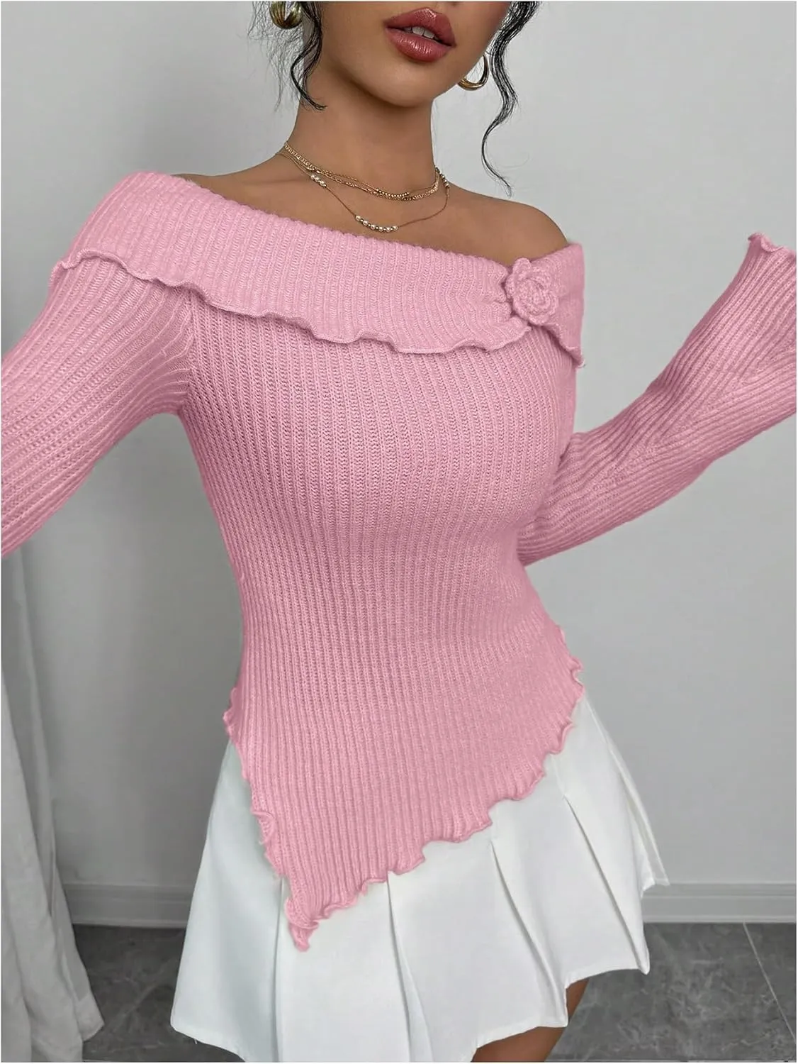 MakeMeChic Women's 3D Floral Rib Knitted Sweater Bell Sleeve Lettuce Trim Off Shoulder Knit Top