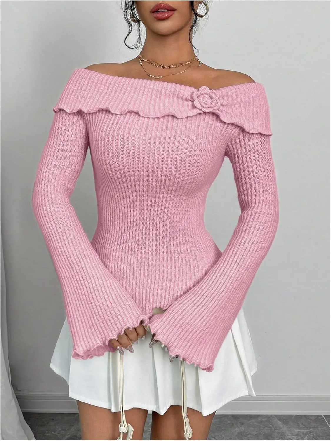 MakeMeChic Women's 3D Floral Rib Knitted Sweater Bell Sleeve Lettuce Trim Off Shoulder Knit Top