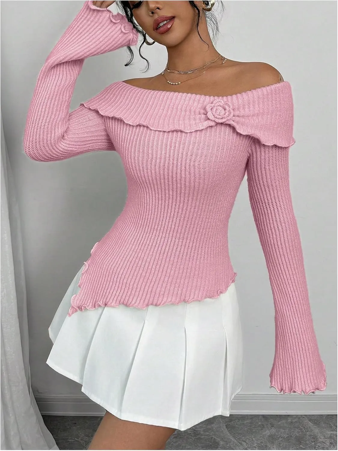 MakeMeChic Women's 3D Floral Rib Knitted Sweater Bell Sleeve Lettuce Trim Off Shoulder Knit Top
