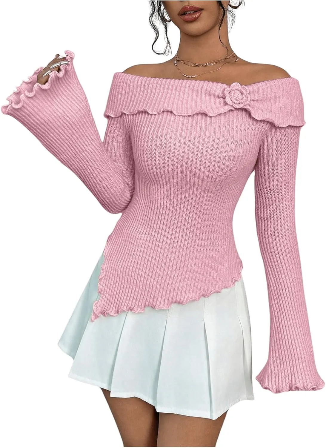 MakeMeChic Women's 3D Floral Rib Knitted Sweater Bell Sleeve Lettuce Trim Off Shoulder Knit Top