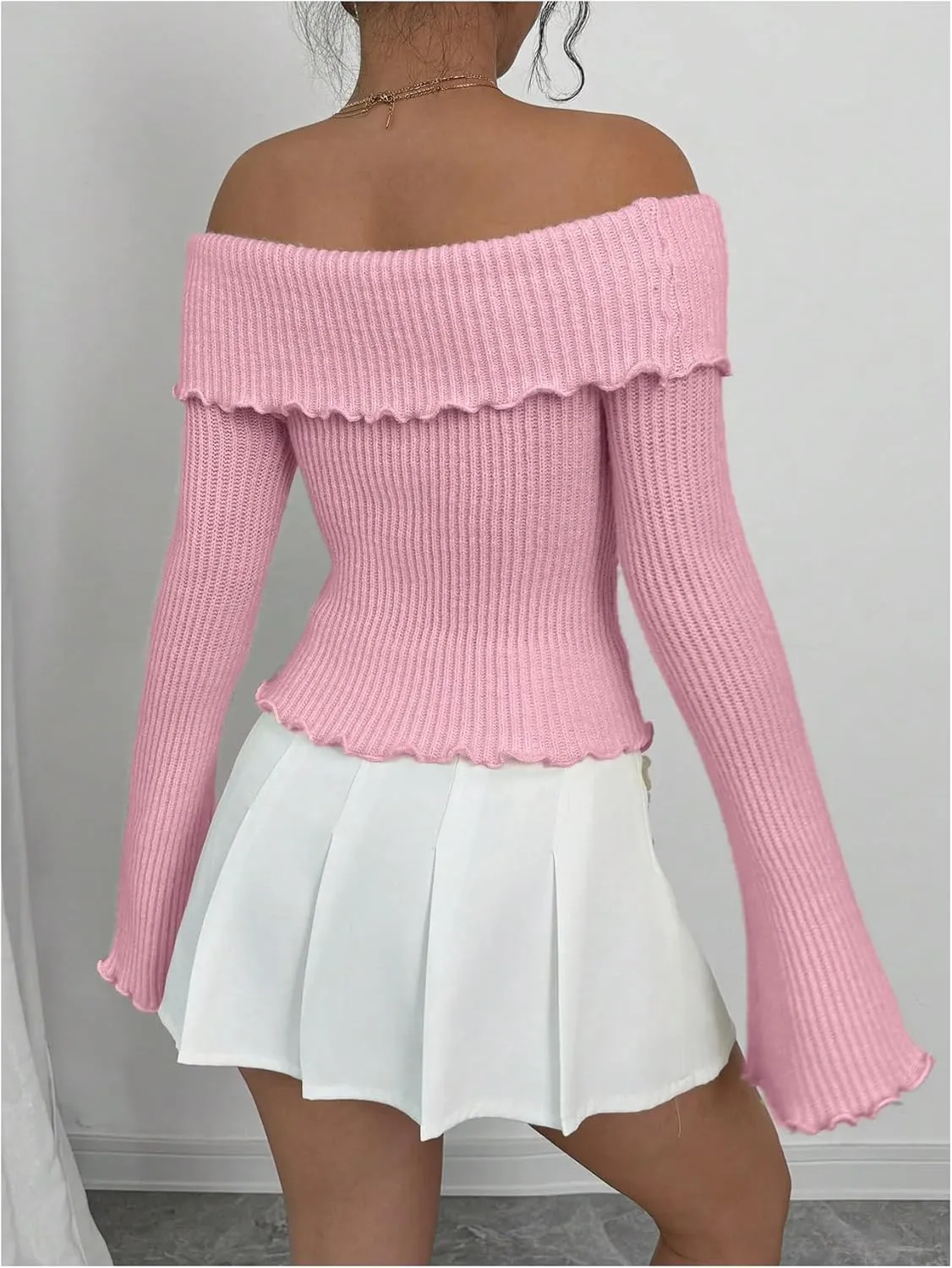 MakeMeChic Women's 3D Floral Rib Knitted Sweater Bell Sleeve Lettuce Trim Off Shoulder Knit Top