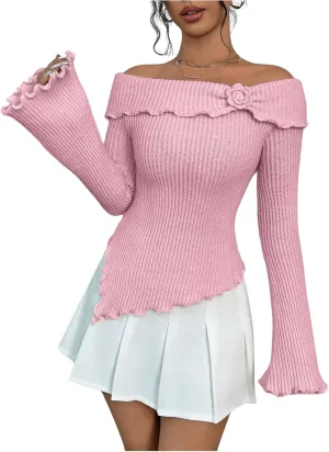 MakeMeChic Women's 3D Floral Rib Knitted Sweater Bell Sleeve Lettuce Trim Off Shoulder Knit Top