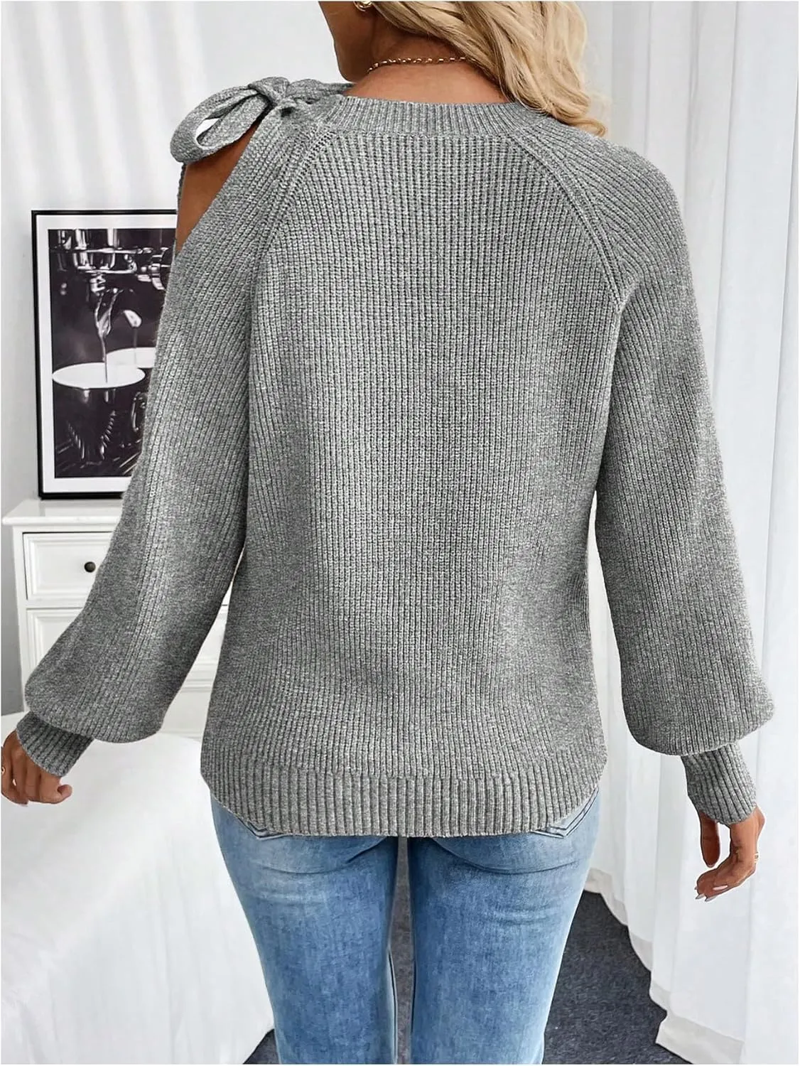 MakeMeChic Women's Long Sleeve Sweater Round Neck Cut Out Bow Knot Asymmetrical Knit Tops