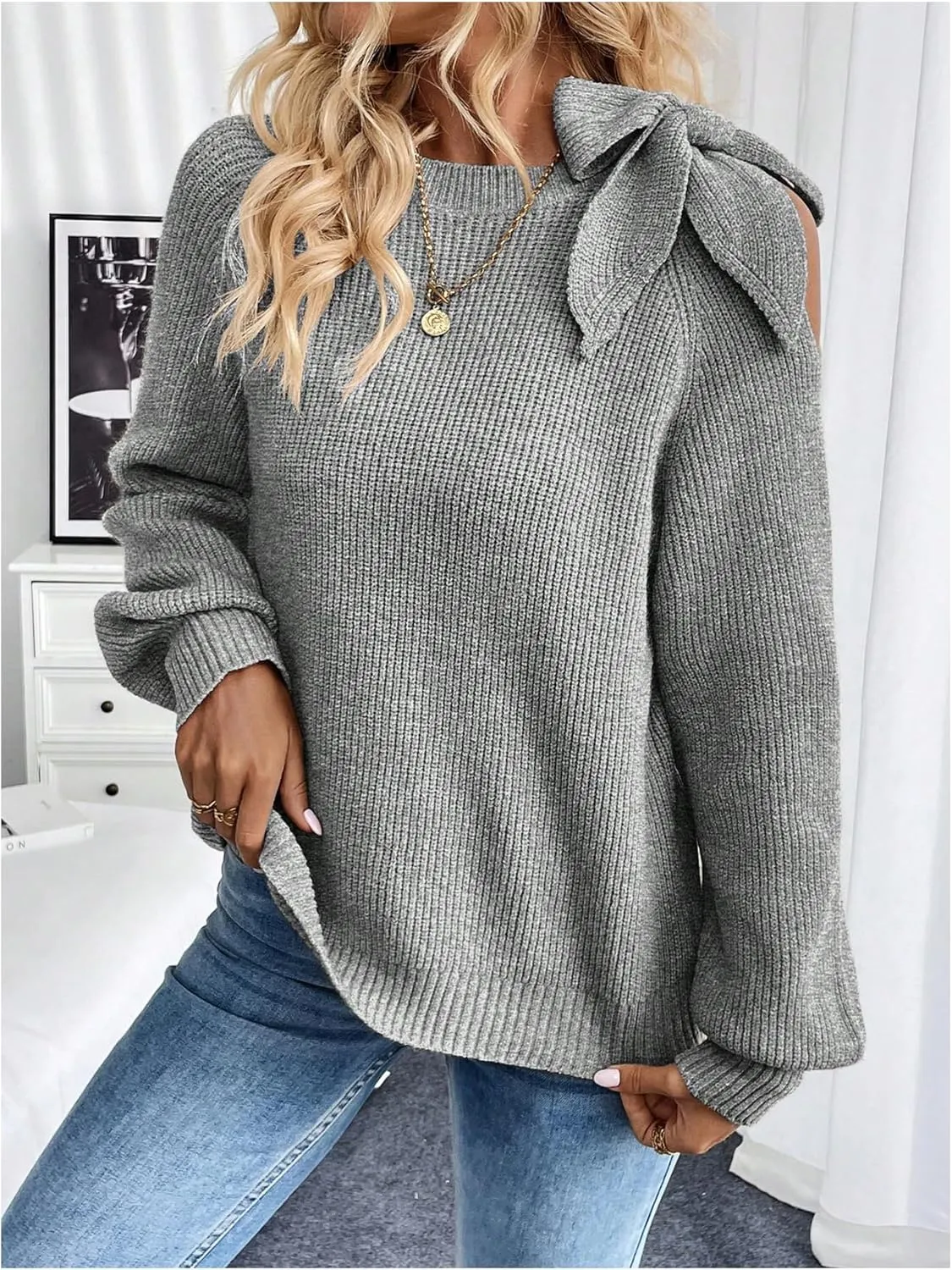 MakeMeChic Women's Long Sleeve Sweater Round Neck Cut Out Bow Knot Asymmetrical Knit Tops