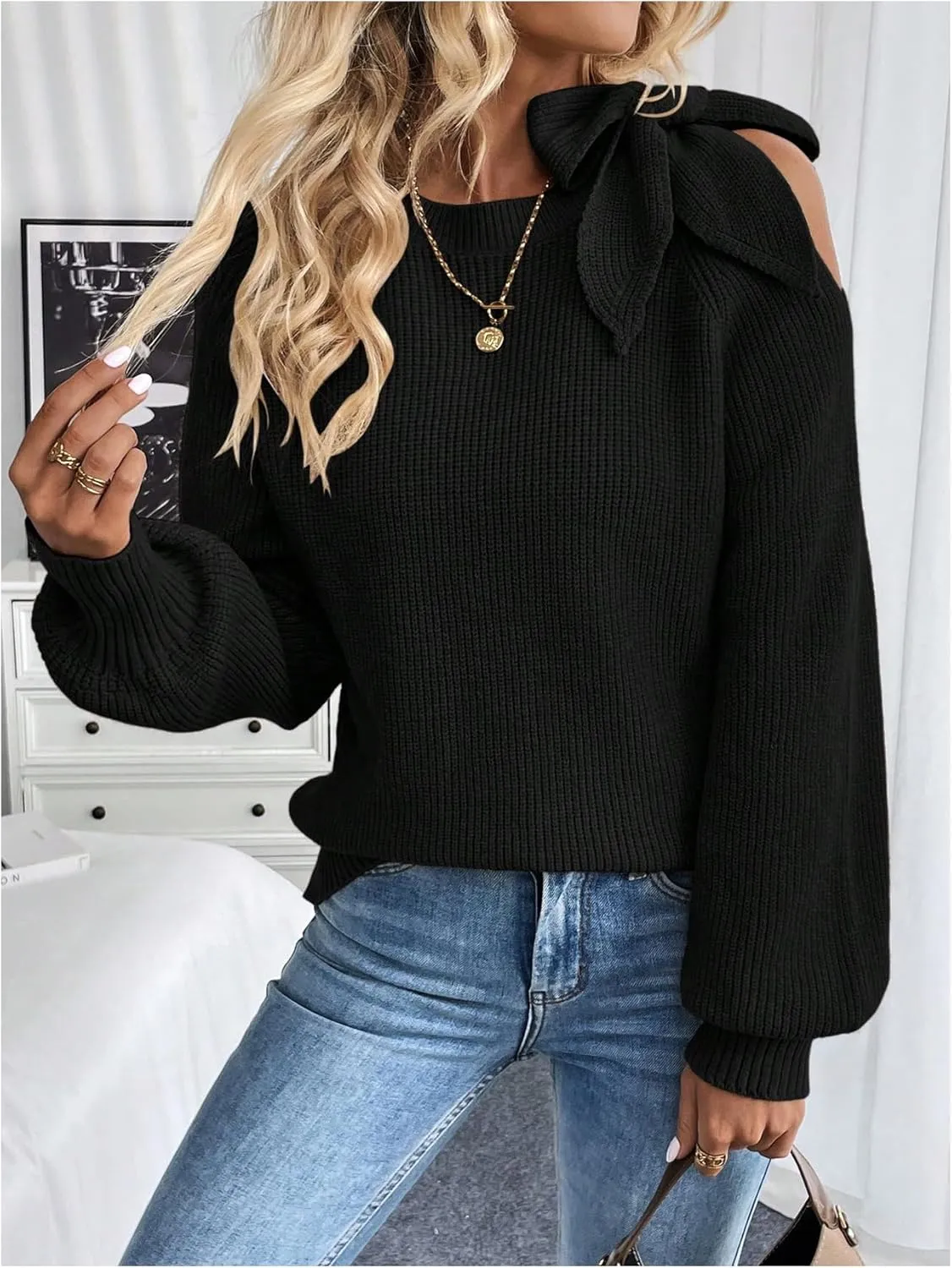 MakeMeChic Women's Long Sleeve Sweater Round Neck Cut Out Bow Knot Asymmetrical Knit Tops