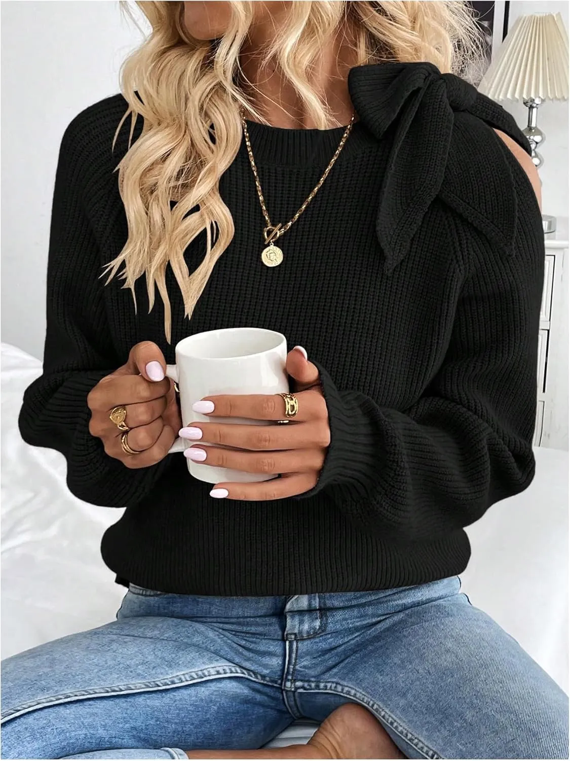 MakeMeChic Women's Long Sleeve Sweater Round Neck Cut Out Bow Knot Asymmetrical Knit Tops