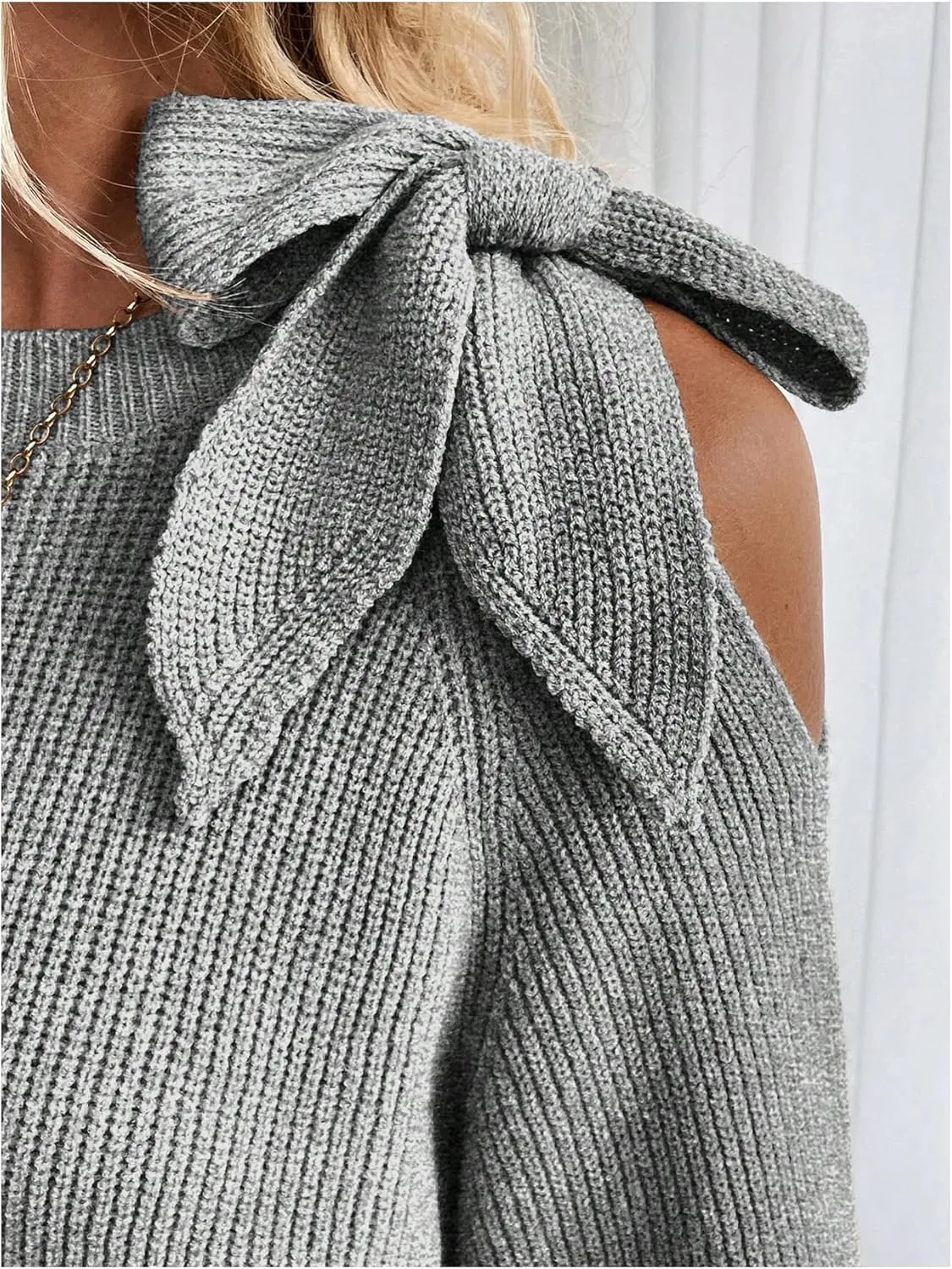 MakeMeChic Women's Long Sleeve Sweater Round Neck Cut Out Bow Knot Asymmetrical Knit Tops