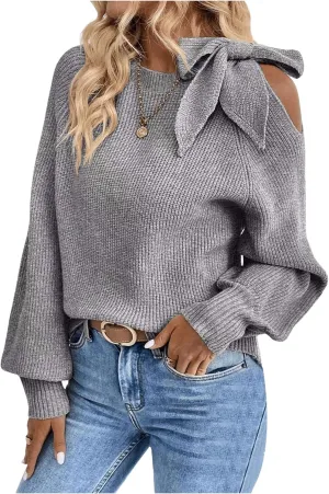 MakeMeChic Women's Long Sleeve Sweater Round Neck Cut Out Bow Knot Asymmetrical Knit Tops