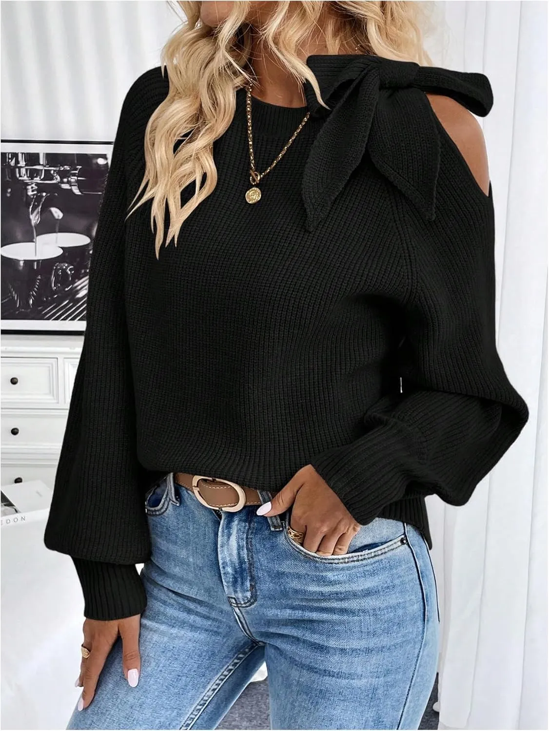 MakeMeChic Women's Long Sleeve Sweater Round Neck Cut Out Bow Knot Asymmetrical Knit Tops