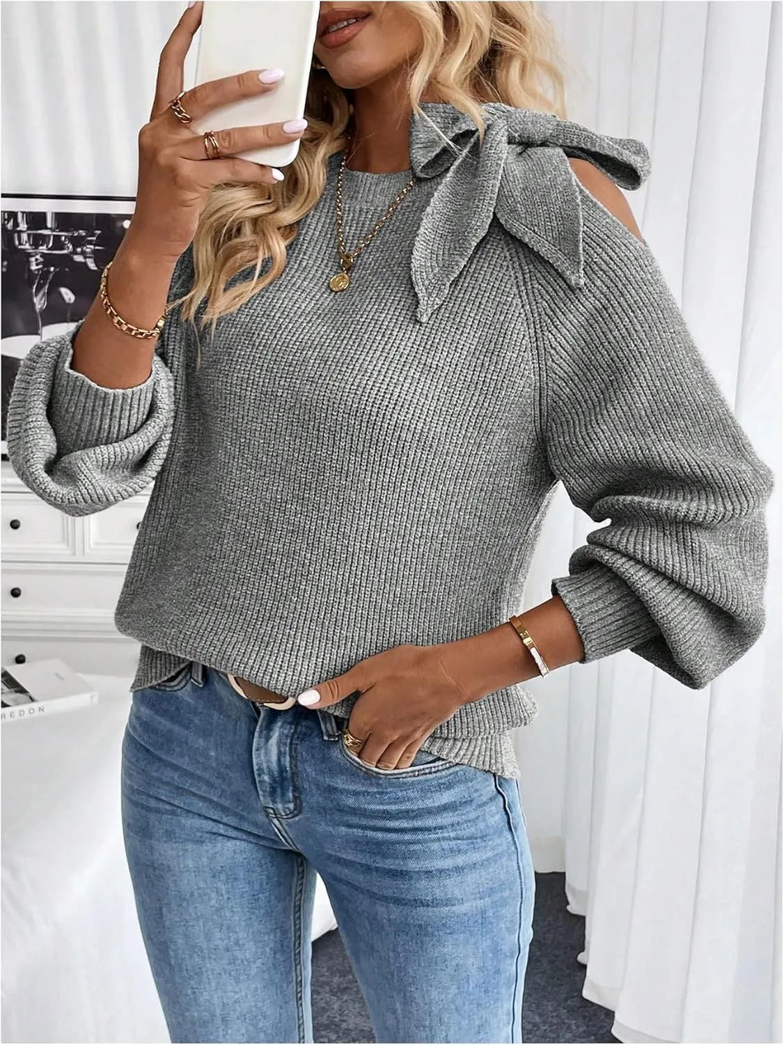 MakeMeChic Women's Long Sleeve Sweater Round Neck Cut Out Bow Knot Asymmetrical Knit Tops
