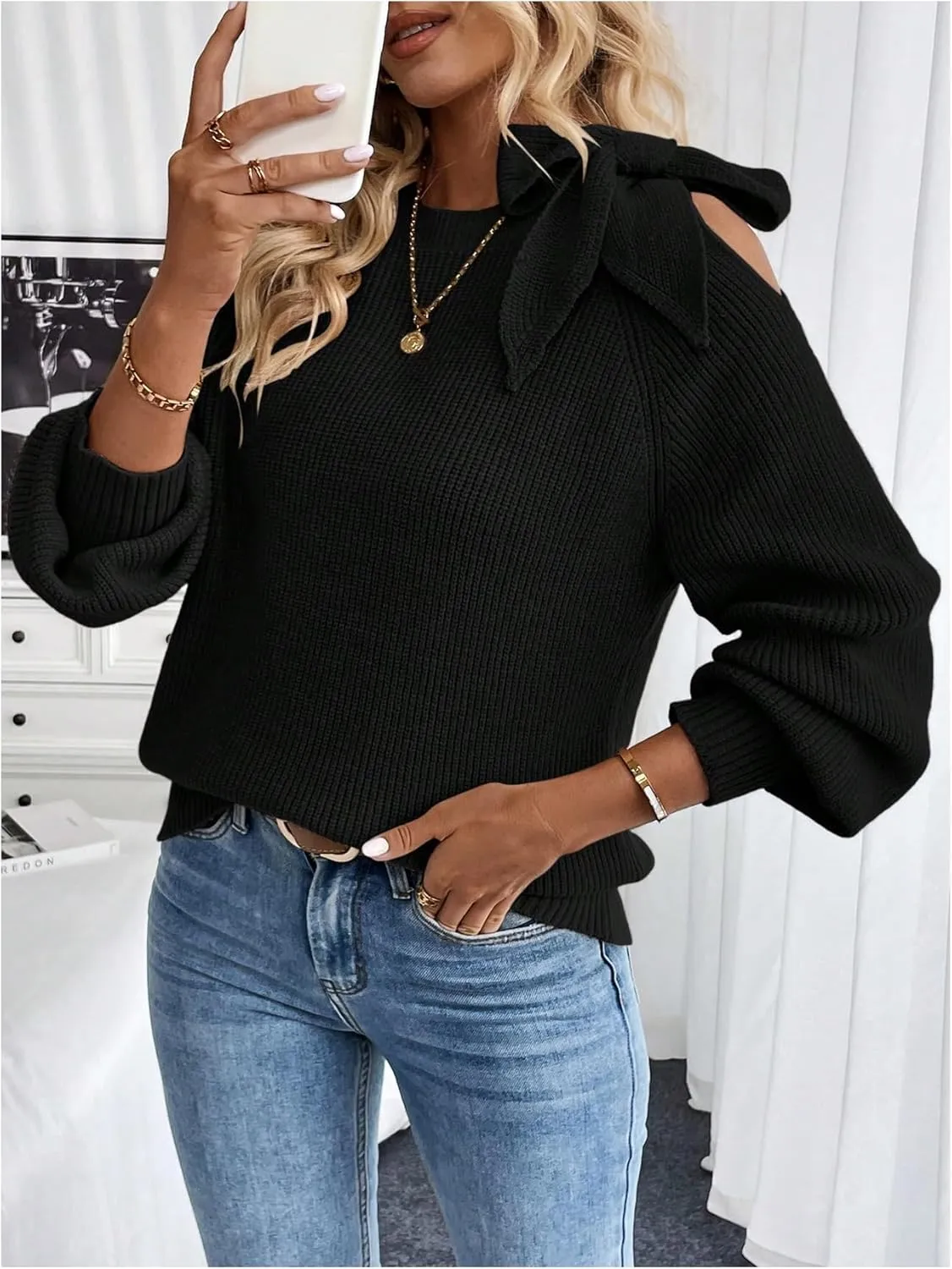 MakeMeChic Women's Long Sleeve Sweater Round Neck Cut Out Bow Knot Asymmetrical Knit Tops