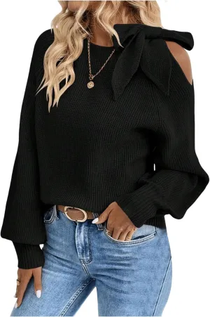 MakeMeChic Women's Long Sleeve Sweater Round Neck Cut Out Bow Knot Asymmetrical Knit Tops