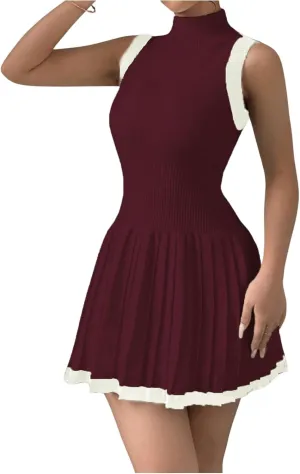 MakeMeChic Women's Mock Neck Sleeveless Sweater Dress Knit Crochet Mini Dress