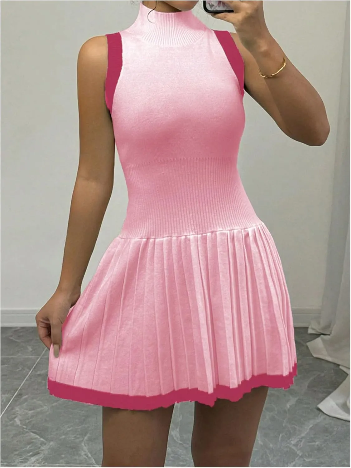 MakeMeChic Women's Mock Neck Sleeveless Sweater Dress Knit Crochet Mini Dress
