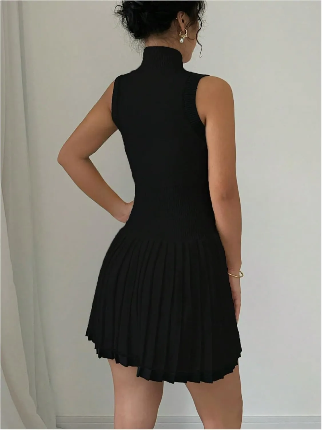 MakeMeChic Women's Mock Neck Sleeveless Sweater Dress Knit Crochet Mini Dress