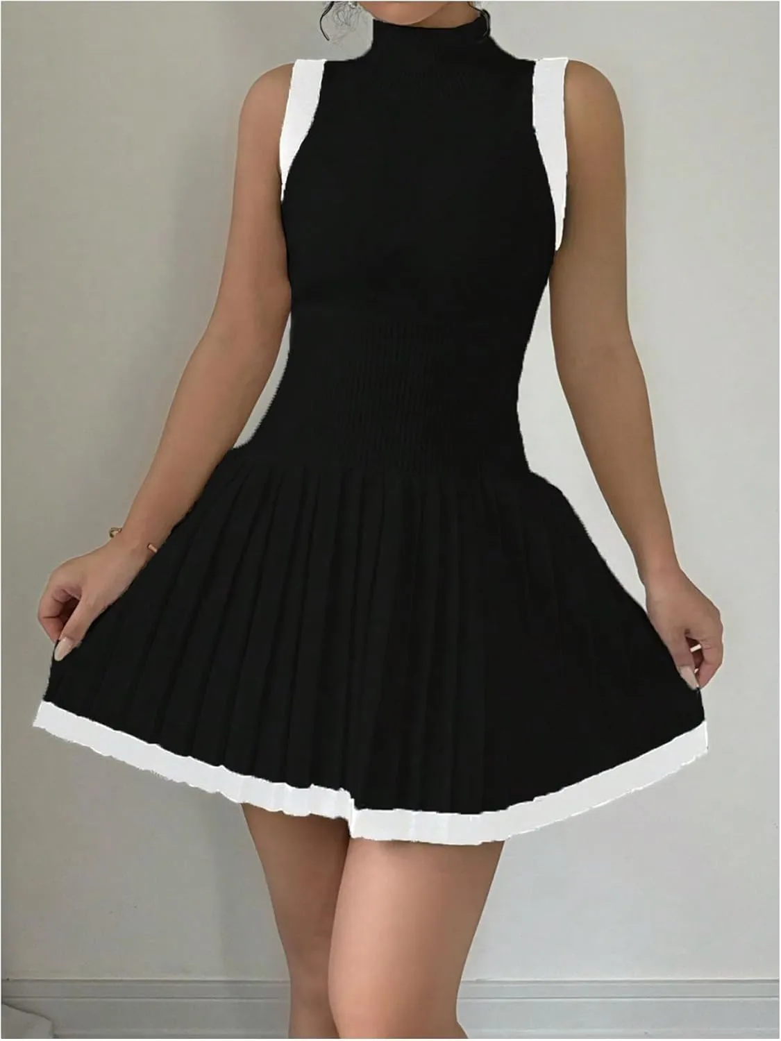 MakeMeChic Women's Mock Neck Sleeveless Sweater Dress Knit Crochet Mini Dress
