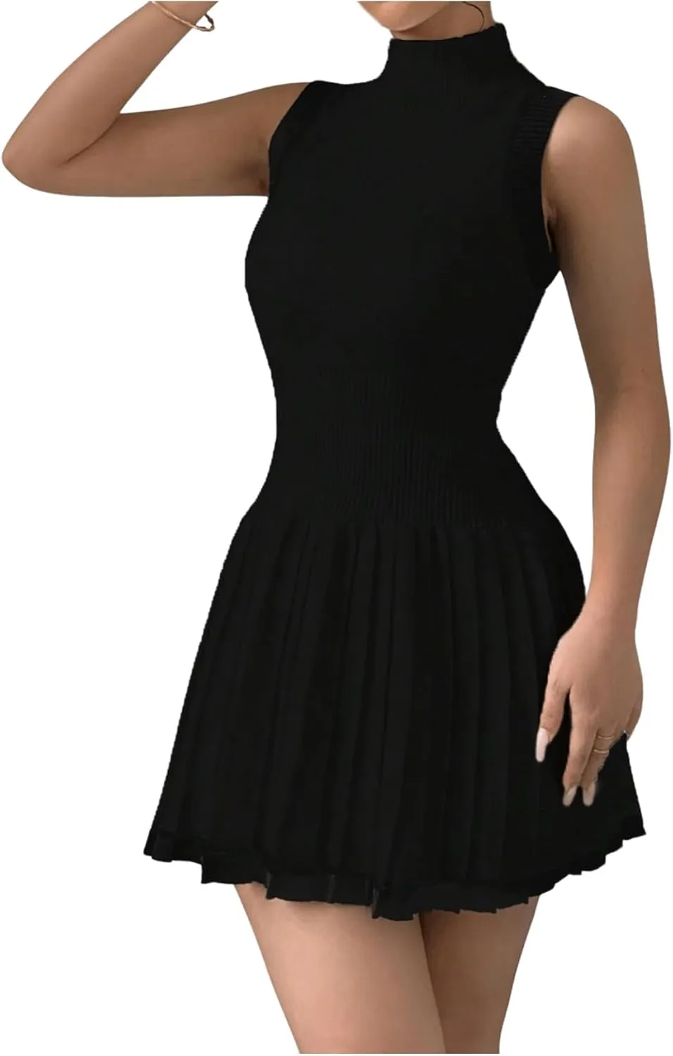MakeMeChic Women's Mock Neck Sleeveless Sweater Dress Knit Crochet Mini Dress