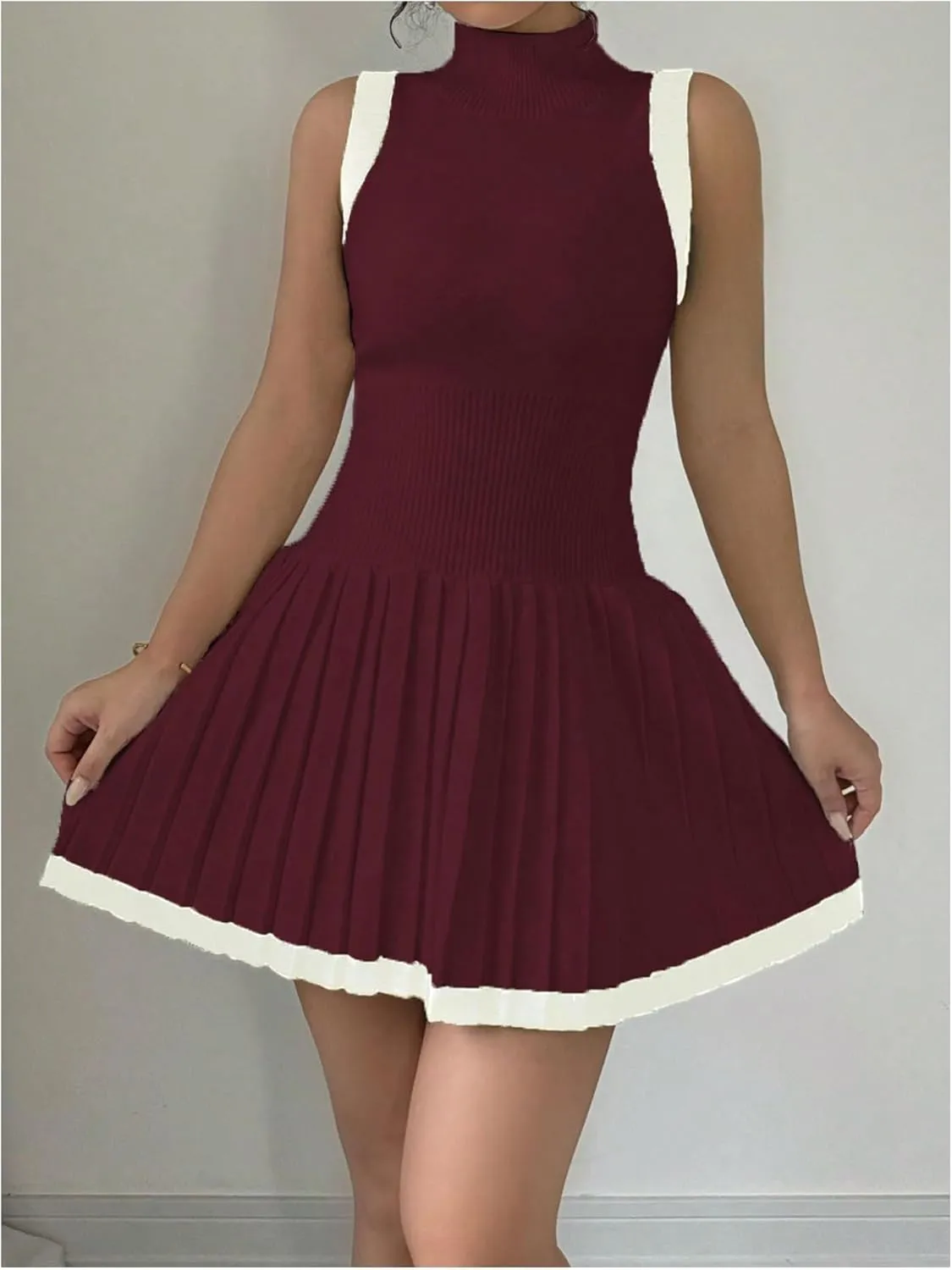 MakeMeChic Women's Mock Neck Sleeveless Sweater Dress Knit Crochet Mini Dress