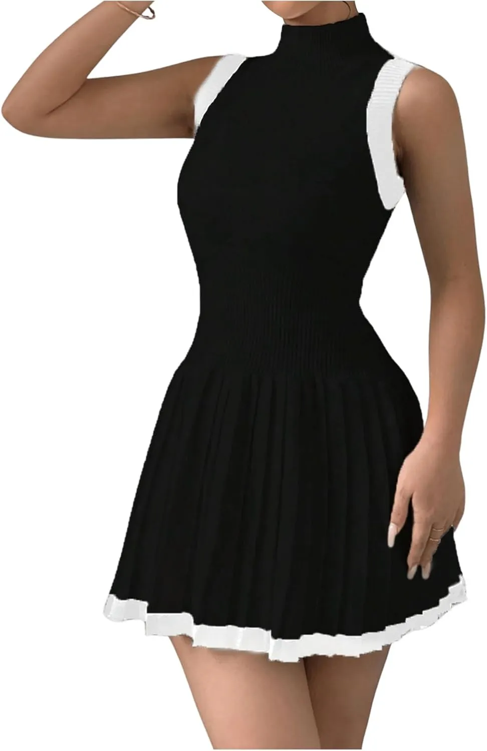 MakeMeChic Women's Mock Neck Sleeveless Sweater Dress Knit Crochet Mini Dress