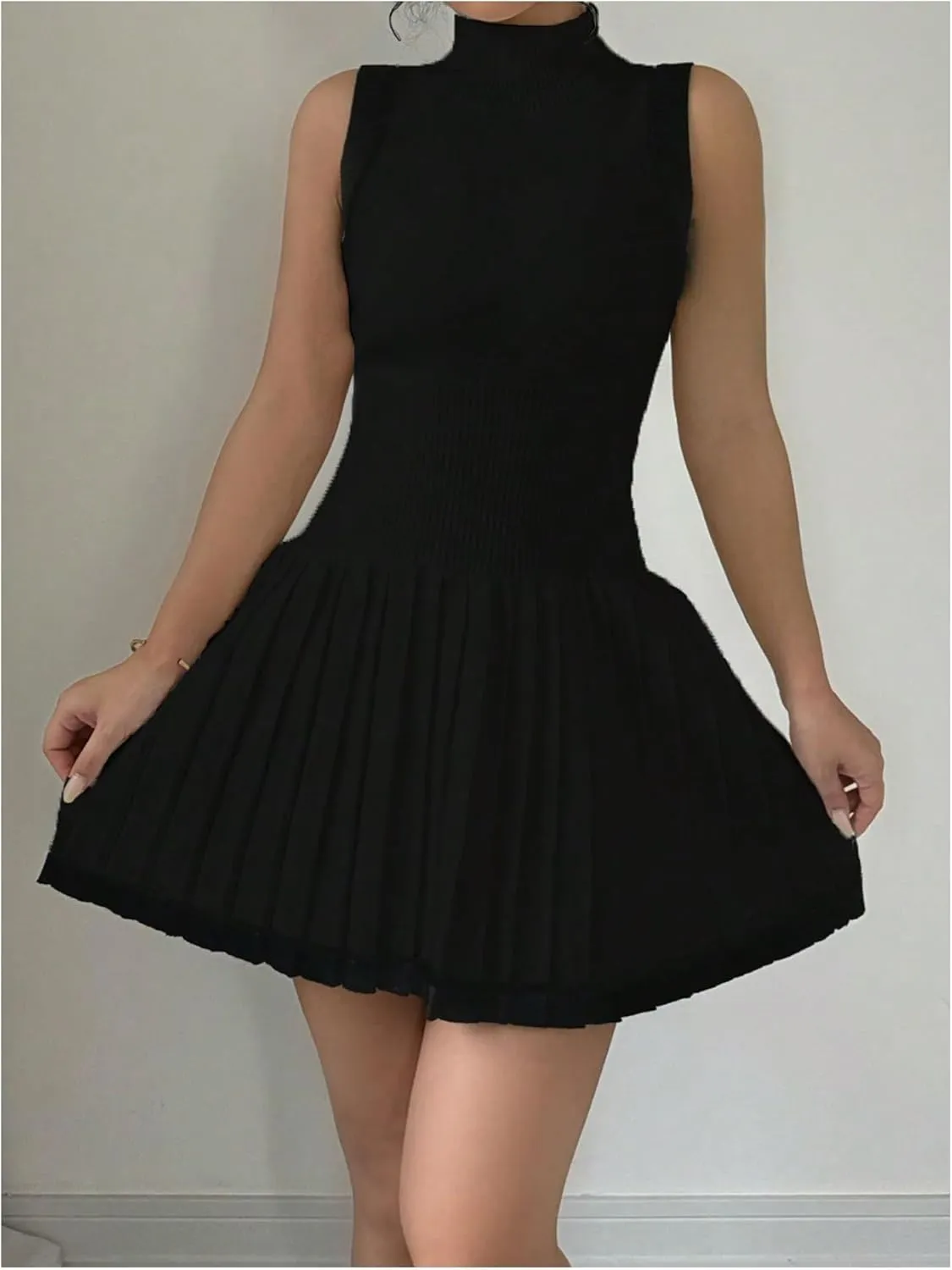 MakeMeChic Women's Mock Neck Sleeveless Sweater Dress Knit Crochet Mini Dress