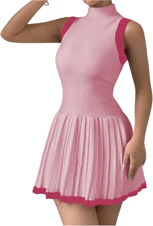 MakeMeChic Women's Mock Neck Sleeveless Sweater Dress Knit Crochet Mini Dress
