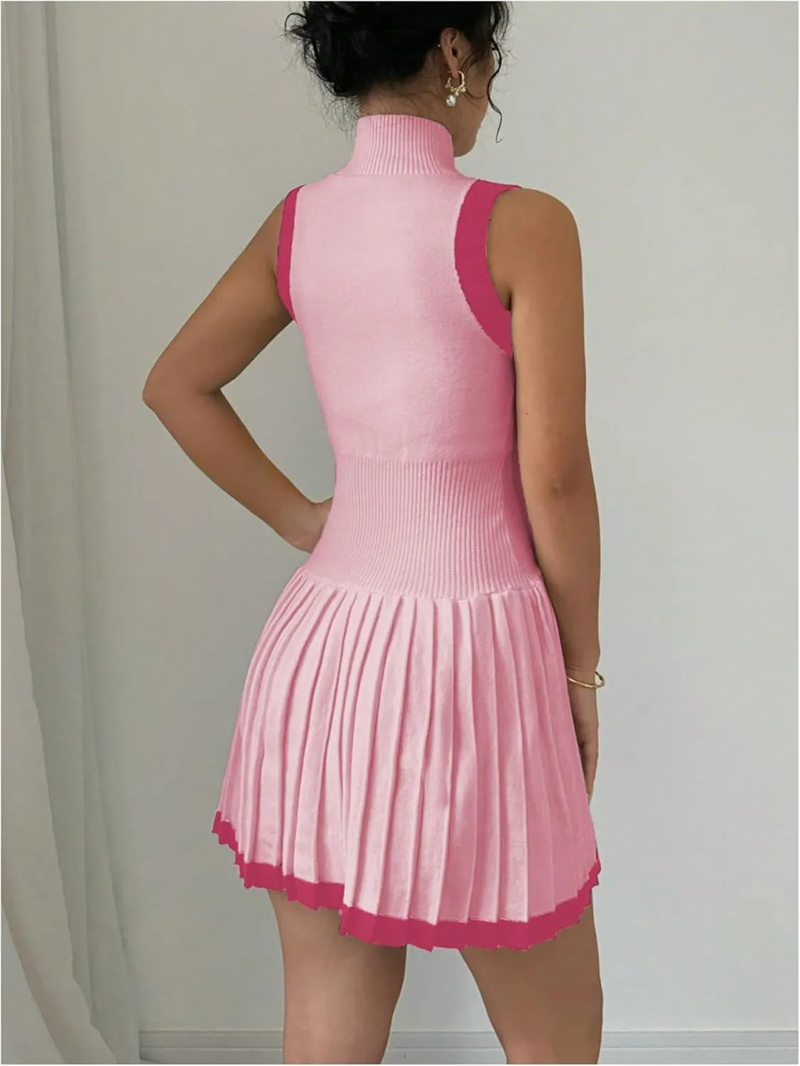 MakeMeChic Women's Mock Neck Sleeveless Sweater Dress Knit Crochet Mini Dress