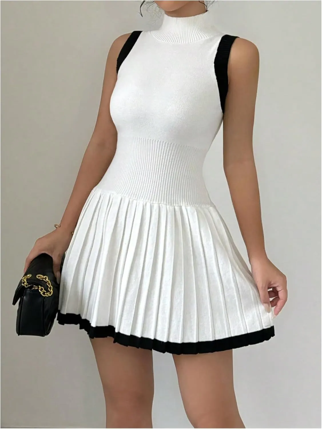 MakeMeChic Women's Mock Neck Sleeveless Sweater Dress Knit Crochet Mini Dress