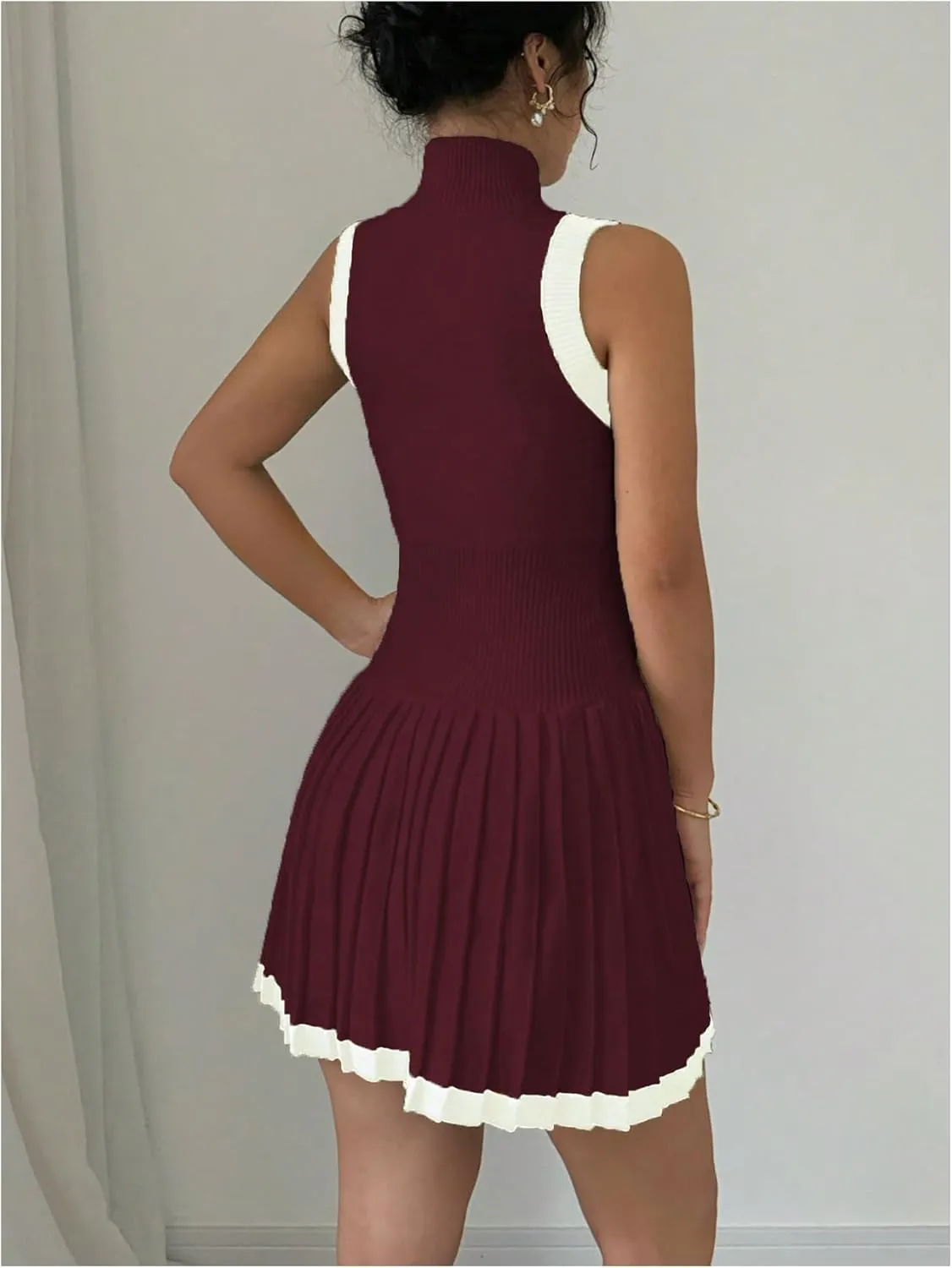 MakeMeChic Women's Mock Neck Sleeveless Sweater Dress Knit Crochet Mini Dress