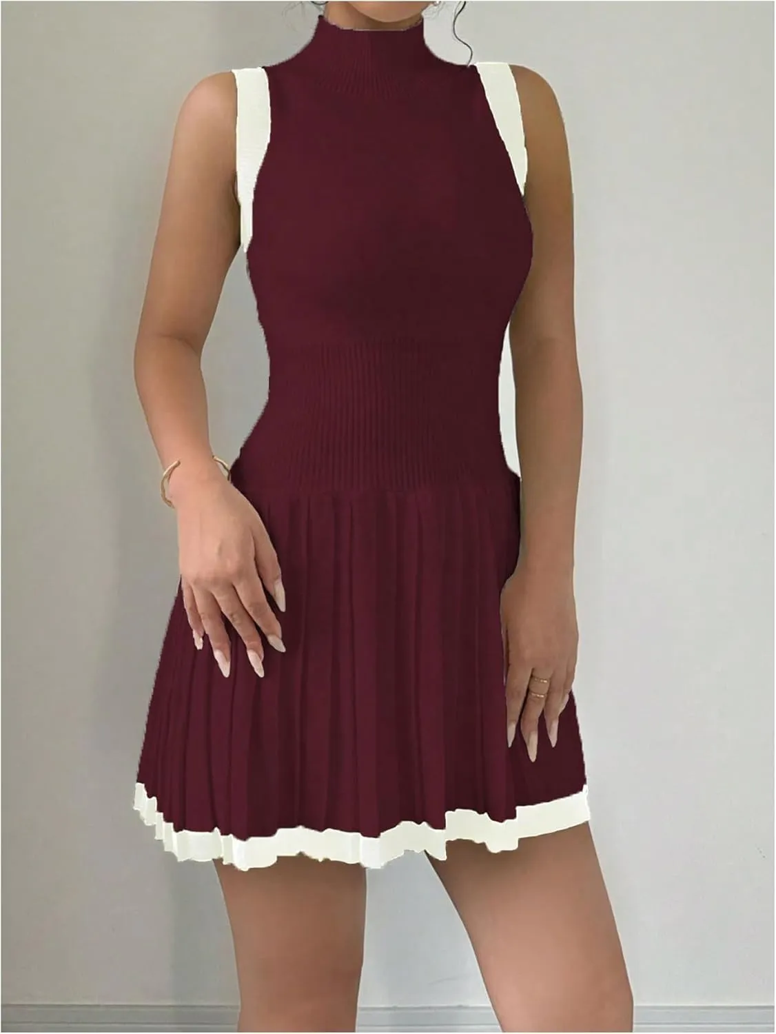 MakeMeChic Women's Mock Neck Sleeveless Sweater Dress Knit Crochet Mini Dress