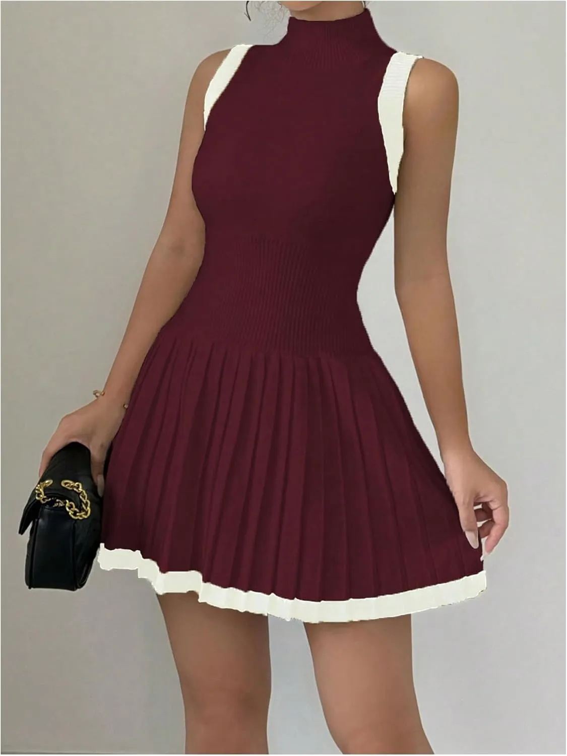 MakeMeChic Women's Mock Neck Sleeveless Sweater Dress Knit Crochet Mini Dress