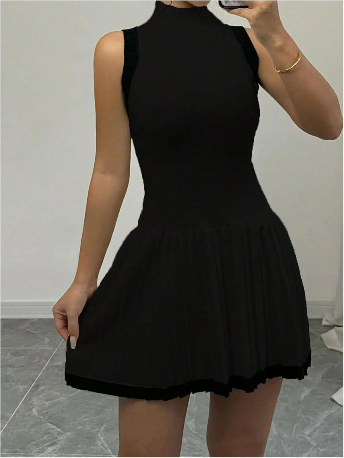 MakeMeChic Women's Mock Neck Sleeveless Sweater Dress Knit Crochet Mini Dress