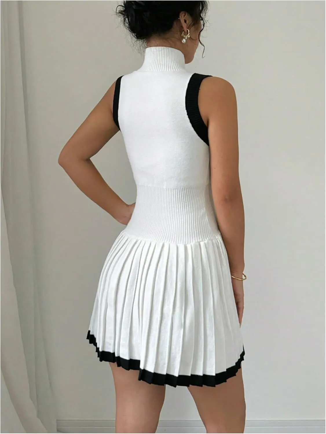 MakeMeChic Women's Mock Neck Sleeveless Sweater Dress Knit Crochet Mini Dress