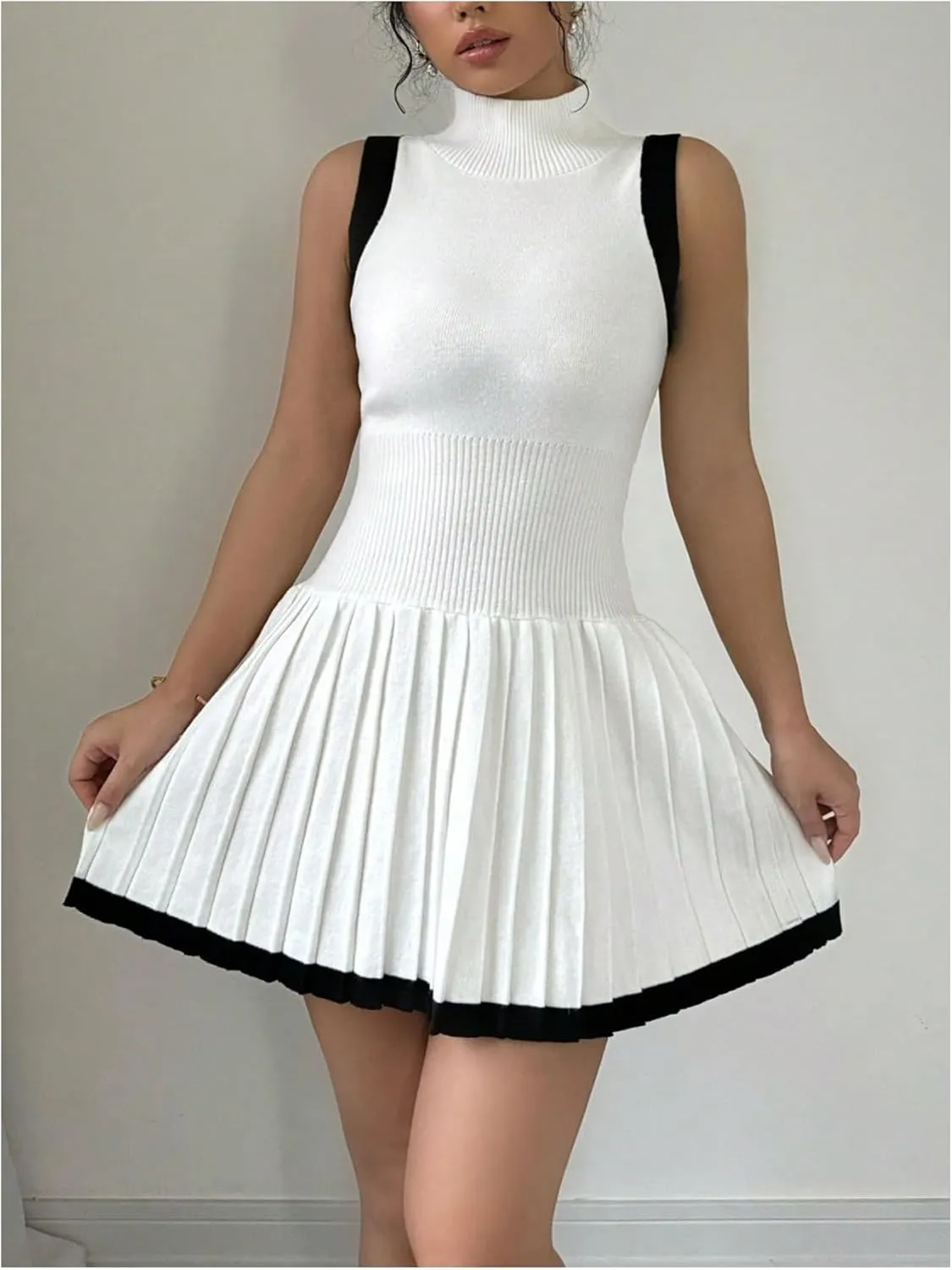 MakeMeChic Women's Mock Neck Sleeveless Sweater Dress Knit Crochet Mini Dress