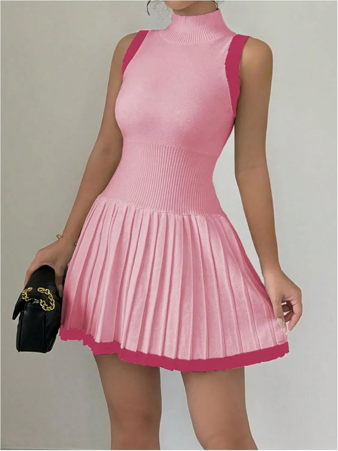 MakeMeChic Women's Mock Neck Sleeveless Sweater Dress Knit Crochet Mini Dress