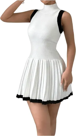 MakeMeChic Women's Mock Neck Sleeveless Sweater Dress Knit Crochet Mini Dress