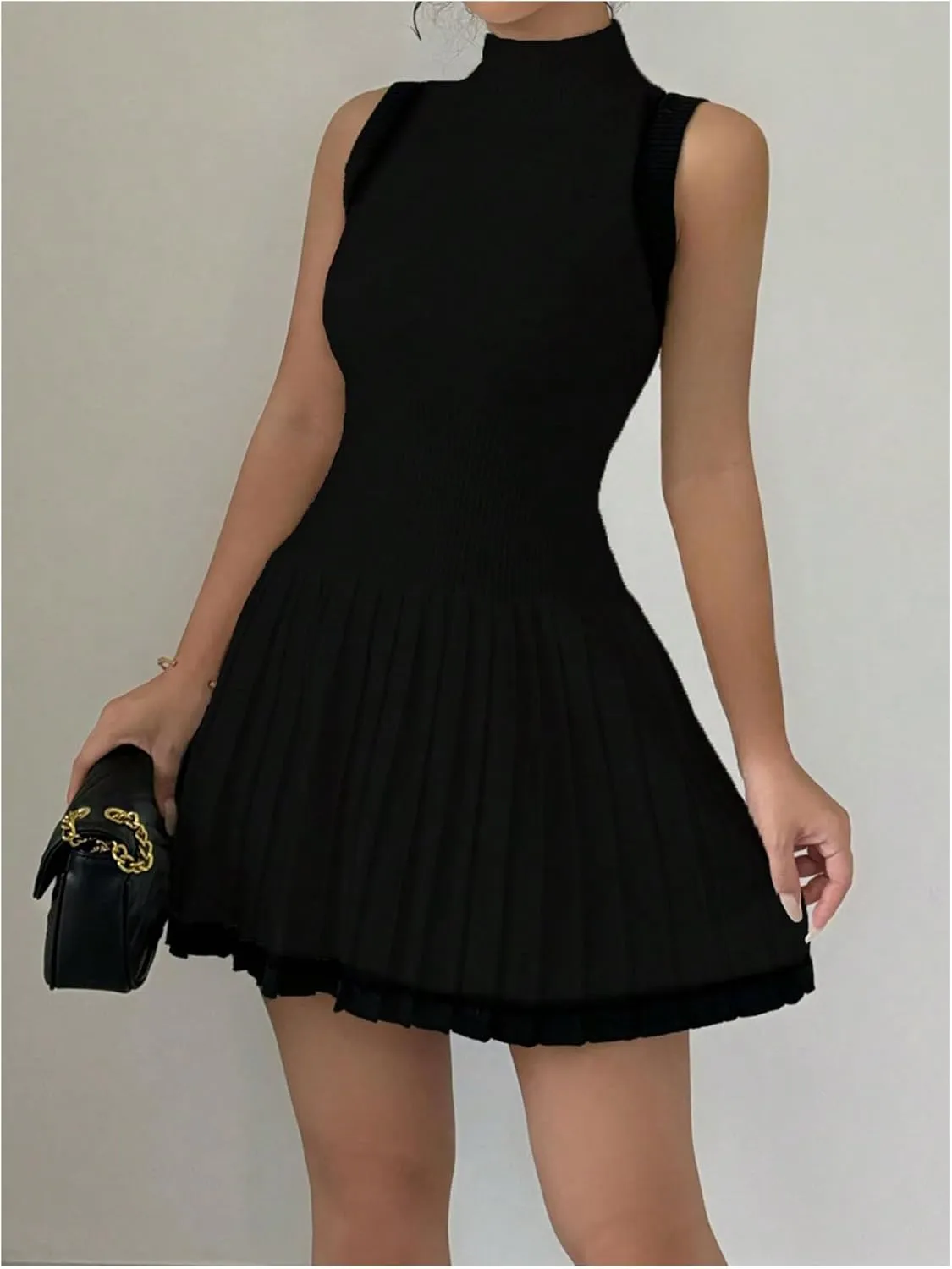 MakeMeChic Women's Mock Neck Sleeveless Sweater Dress Knit Crochet Mini Dress