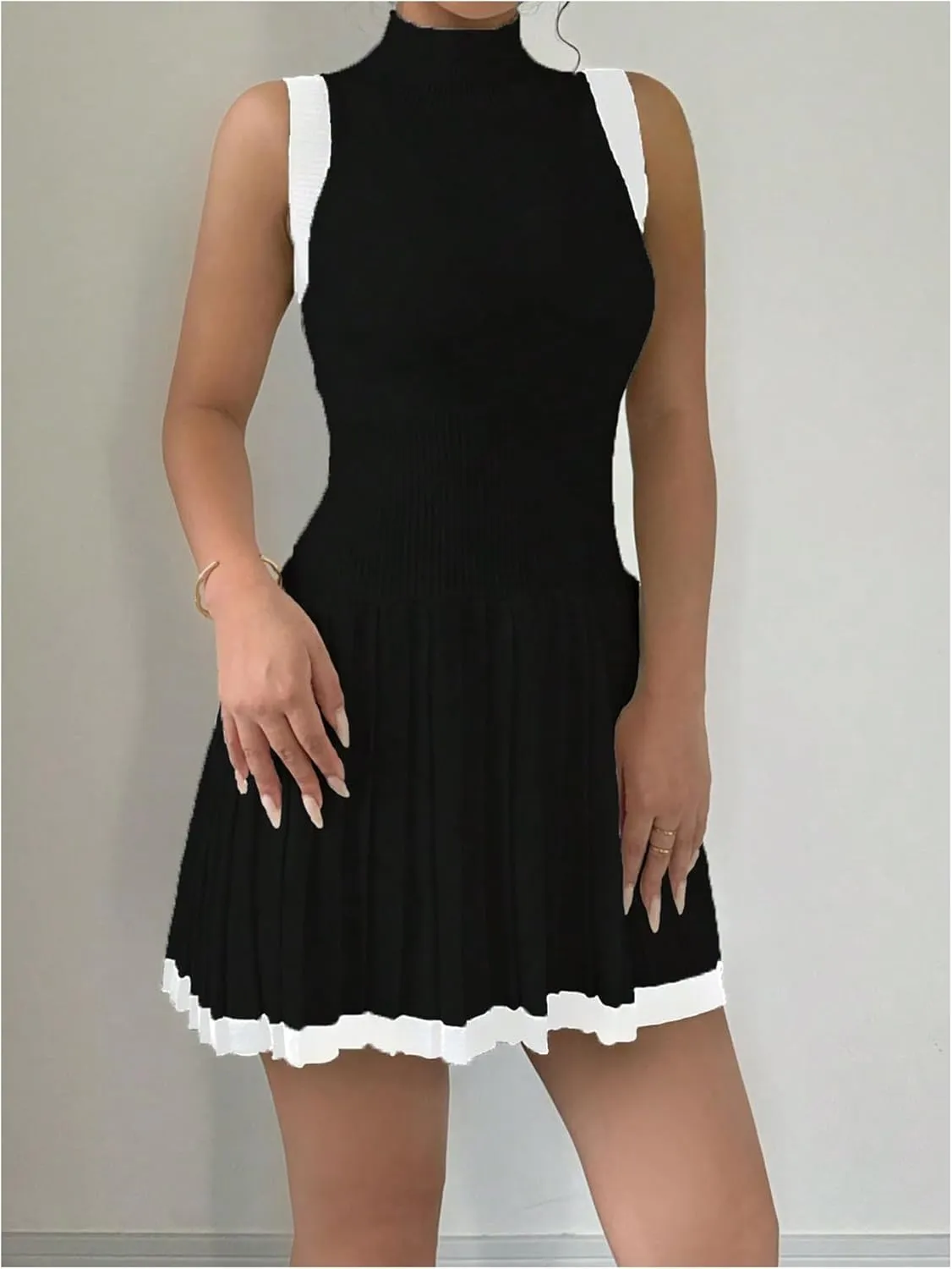 MakeMeChic Women's Mock Neck Sleeveless Sweater Dress Knit Crochet Mini Dress