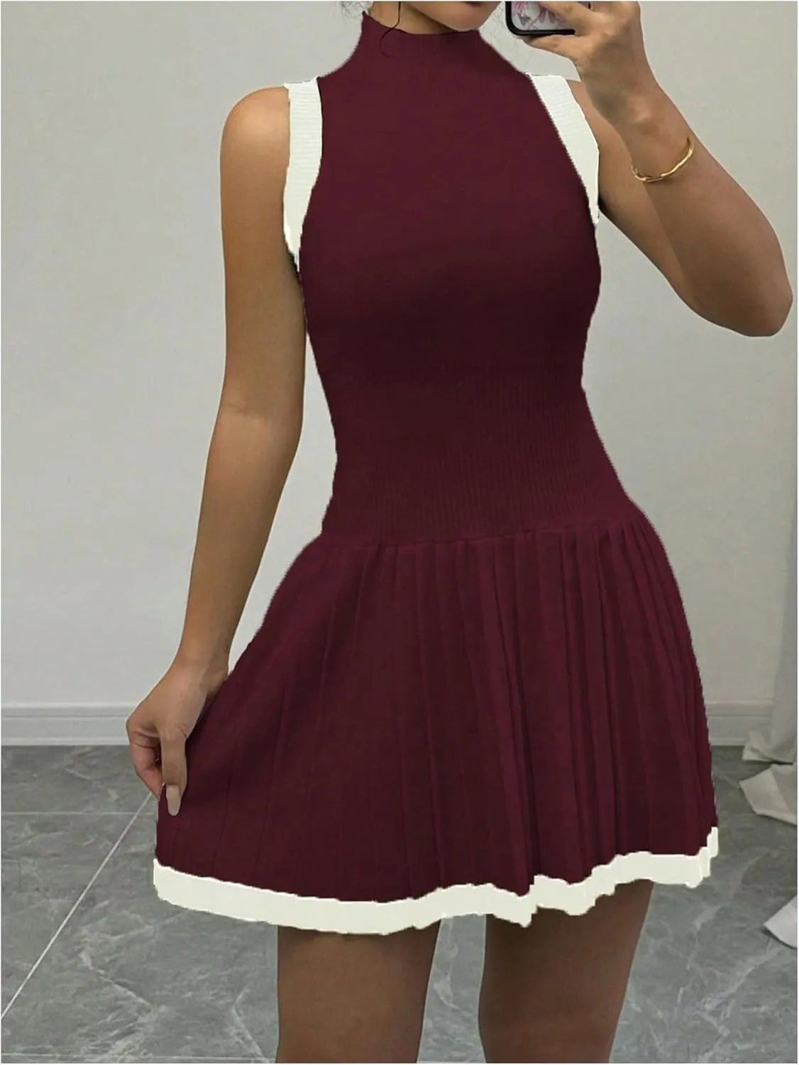 MakeMeChic Women's Mock Neck Sleeveless Sweater Dress Knit Crochet Mini Dress