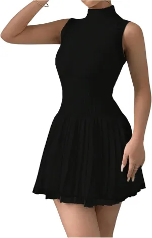 MakeMeChic Women's Mock Neck Sleeveless Sweater Dress Knit Crochet Mini Dress