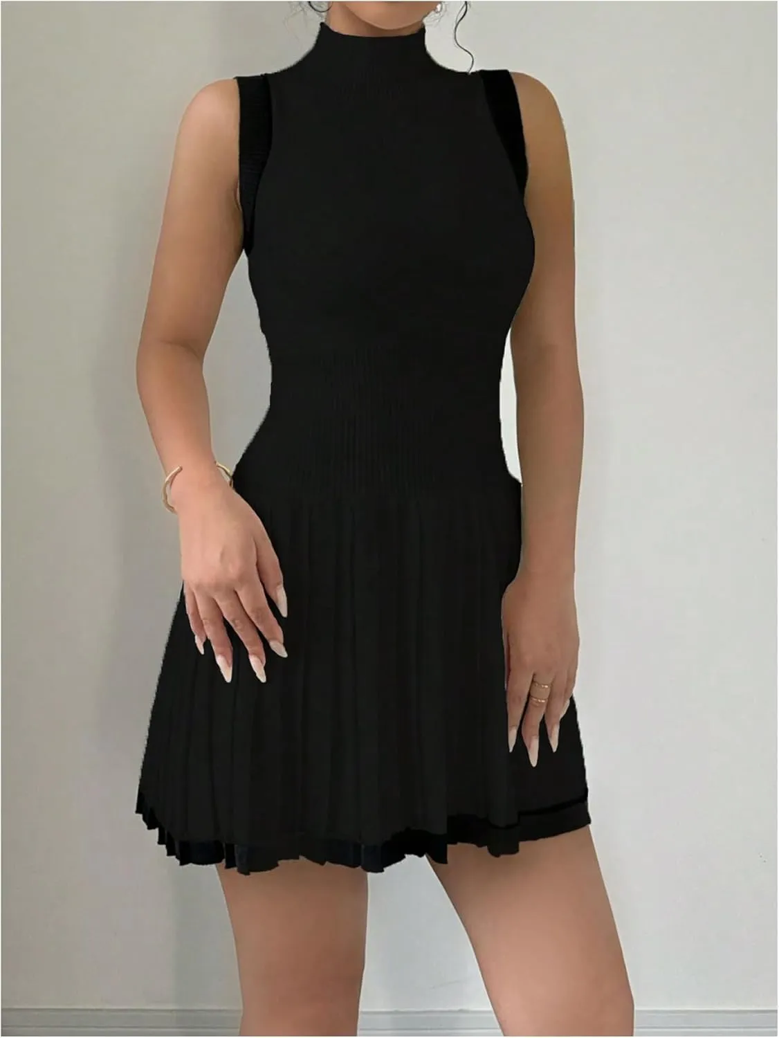 MakeMeChic Women's Mock Neck Sleeveless Sweater Dress Knit Crochet Mini Dress